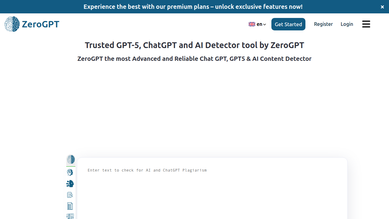 The straightforward and clean interface of ZeroGPT, designed for quick AI detection scans.