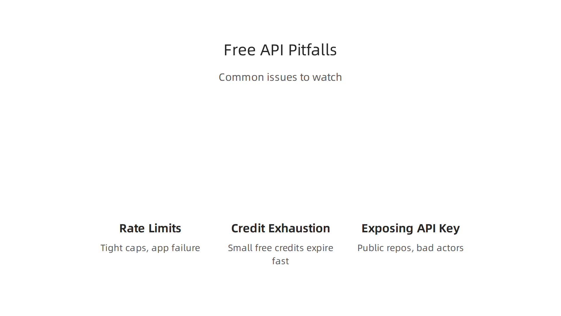 An infographic summarizing the main challenges developers face with free OpenAI API keys.
