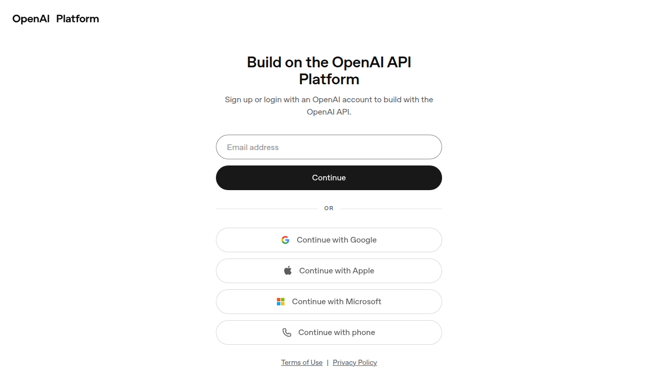 The OpenAI Platform where developers create accounts and manage API keys.