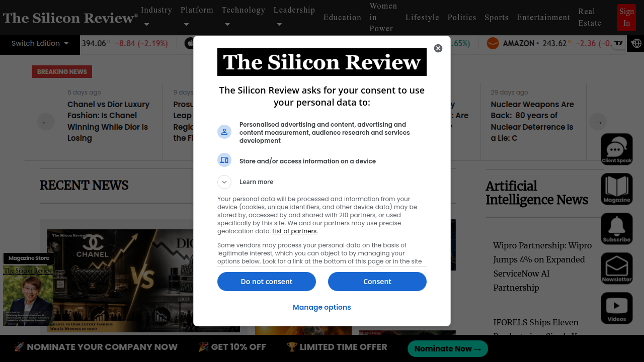 The homepage of The Silicon Review magazine, showcasing their focus on technology and business leadership.