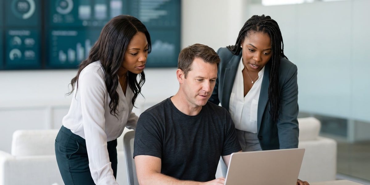 Professionals engaged in a serious discussion about the ethical implications and governance of AI technology.