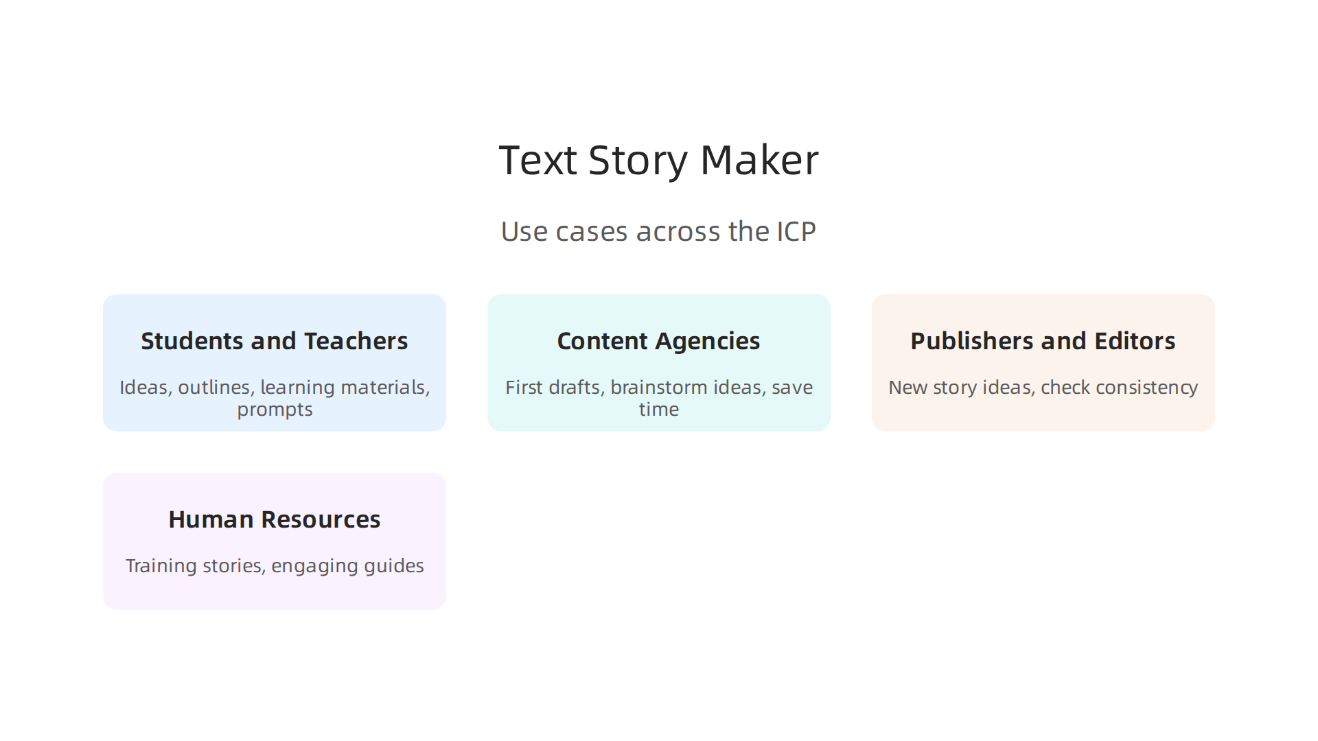 Infographic outlining the diverse user groups for text story makers, from students to HR departments, and their primary applications.