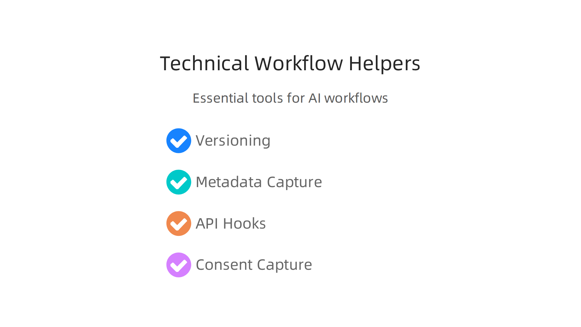 An infographic detailing essential technical tools and practices that strengthen AI-assisted content workflows and ensure reliability.