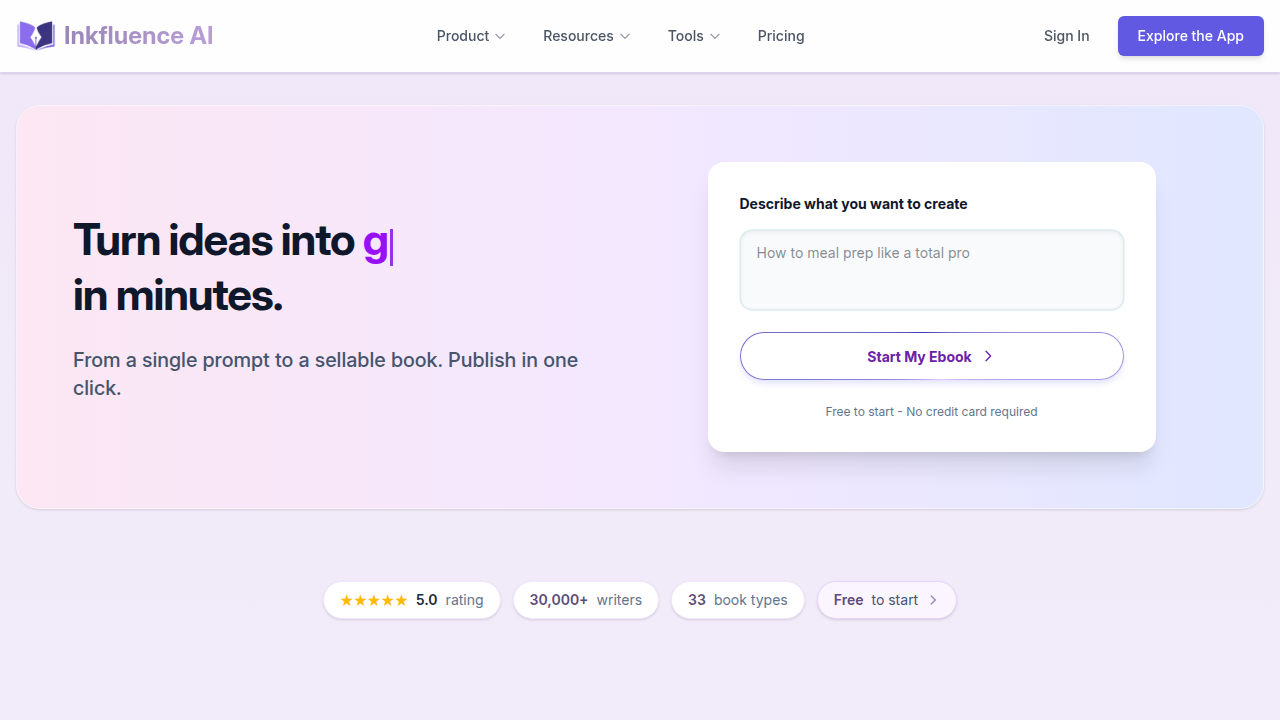 Screenshot of the Inkfluence AI homepage, a platform offering AI story writing tools.