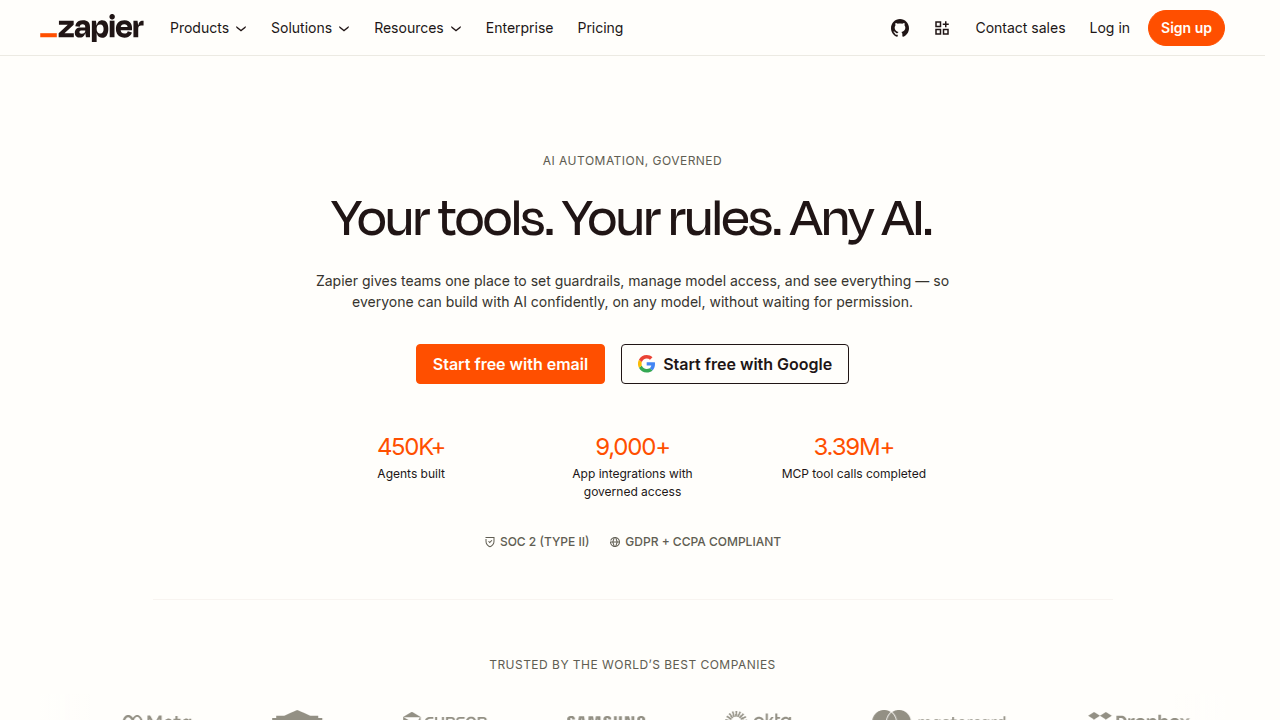 The homepage of Zapier, a popular automation tool that connects various apps and services.
