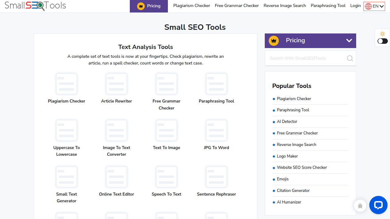 The main interface of Small SEO Tools, often used for its plagiarism checker and other SEO utilities.